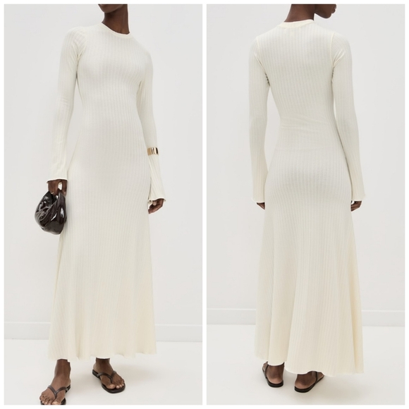 NEW LE BOP Crew Neck Ribbed Knit Cream Long Sleeve Maxi Dress Size Large - Picture 1 of 15